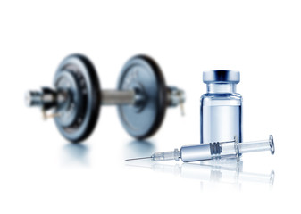 Doping in sport and steroid abuse concept with a dumbbell