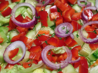 salad with onions and fresh vegetable close up