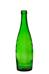 empty bottle without cover from green glass on a white background