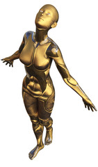 Fototapeta na wymiar Golden Used Metallic Android Female Futuristic Artificial Intelligence 3D Illustration