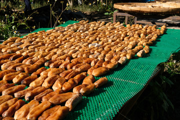 sun dried banana. fruit snack drying on tray