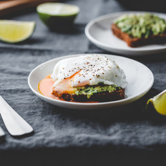 Avocado sandwich with rye bread and a poached egg on a plate. The concept of healthy balanced breakfast.