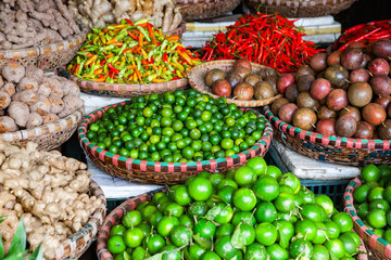 tropical spices and fruits sold at a local market in Hanoi (Vietnam)