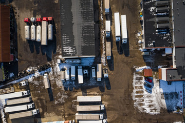 Aerial top view of cargo truck. Photo captured with drone.