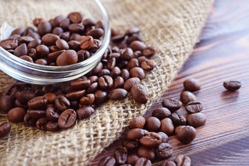 Coffee beans on the burlap.Flavored drink.