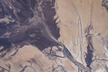 Aerial view of degraded landscape. Destroyed land. View from above. Industrial place. Photo captured with drone.