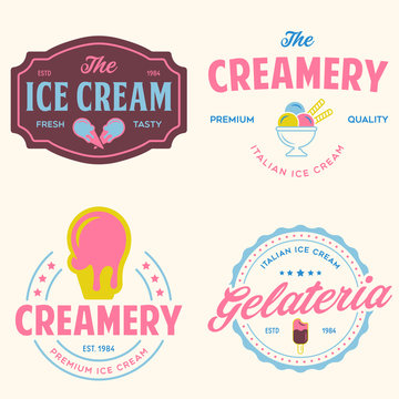 Set of vintage ice cream shop logo badges and labels, gelateria signs. Retro logotypes for cafeteria or bar.