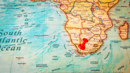 Red pin on map of South Africa, capital city Cape town