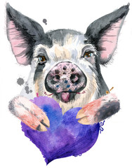 Watercolor portrait of pig with violet heart