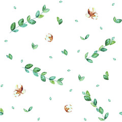 watercolor spring botanical sketch hand-drawn green leaves, branches and buds isolated on white background seamless pattern