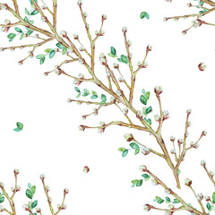 watercolor spring botanical sketch hand-drawn green leaves and buds isolated on white background seamless pattern