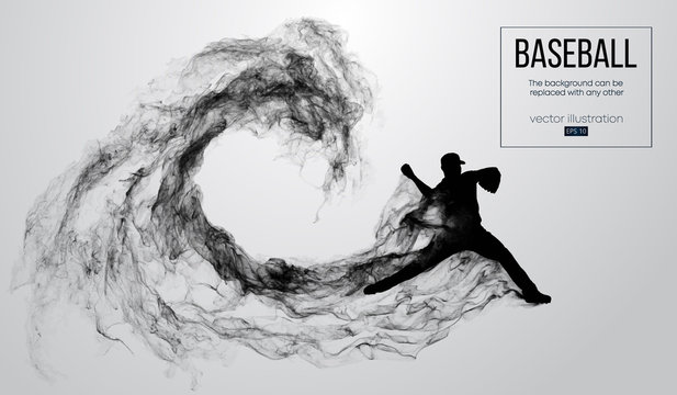 Abstract silhouette of a baseball player pitcher on white background from particles, smoke. Baseball player pitcher throws the ball . Background can be changed to any other. Vector illustration