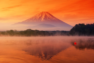 Fujisan and lake Shoji at dawn