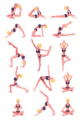 Young fit slim woman character doing yoga different position. Home exercises concept. Vector flat graphic design cartoon isolated illustration set