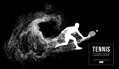 Obraz na płótnie Canvas Abstract silhouette of a tennis player man male isolated on dark black background from particles dust, smoke. Tennis player hits the ball. Background can be changed to any other. Vector illustration