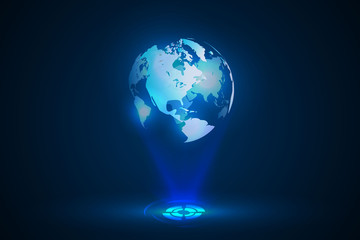 Blue globe world map hologram, vector