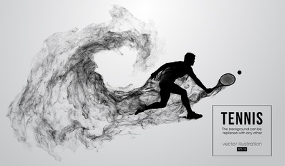 Abstract silhouette of a tennis player man male isolated on white background from particles dust, smoke, steam. Tennis player hits the ball. Background can be changed to any other. Vector illustration