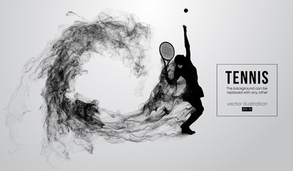 Abstract silhouette of a tennis player woman female isolated on white background from particles dust, smoke. Tennis player hits the ball. Background can be changed to any other. Vector illustration