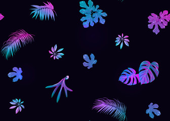 Tropic leaves seamless pattern in neon colors