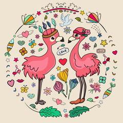 Love Flamingos. Summer collection. Many doodles on the summer theme. Set of vector images fish, flower, dove, green foliage, boho feathers, hearts. Couple birds. - Vector. Vector illustration.