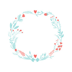 Wreath of flowers in pastel colors: pink and blue. Set of colors for the romantic design in rustic style. Flowers and hearts rame for love card