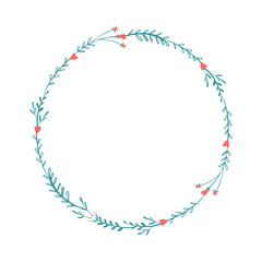 Wreath of flowers in pastel colors: pink and blue. Set of colors for the romantic design in rustic style. Flowers and hearts rame for love card