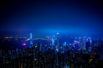 night city scape of Hongkong aerial view,high and top view.