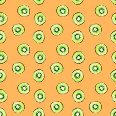 Watercolor hand painted exotic fruit kiwi illustration seamless pattern on orange background