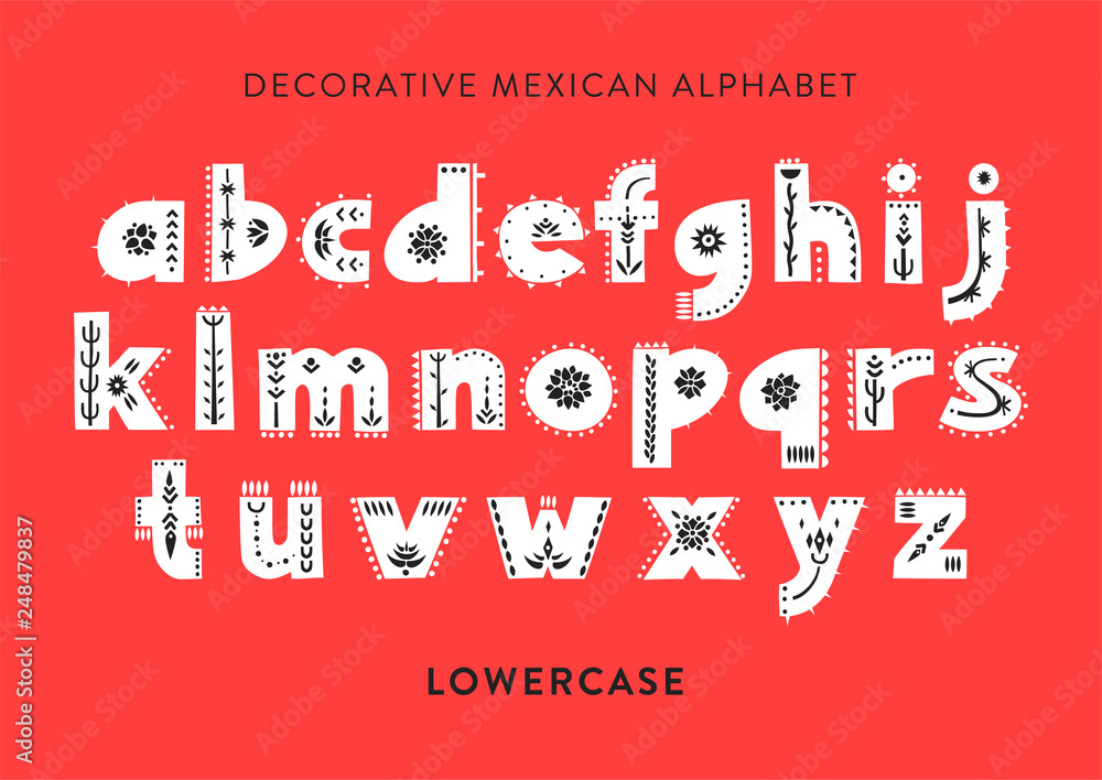 Aufkleber vector patterned alphabet decorated with folk mexican ornaments. display lowercase font on a red bac