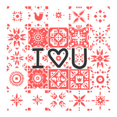 Vector greeting card. Lettering I Love You on a background of red patterned tiles