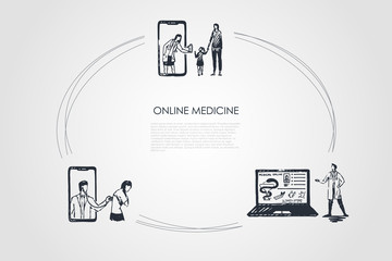 Online medicine - people ordering medicine, having medical examination and reading medical literature from laptop or smartphone screen vector concept set