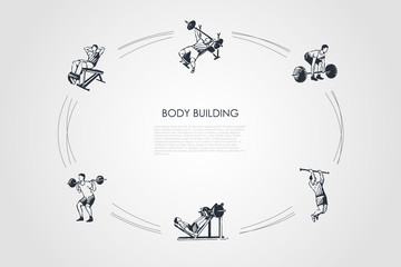 Body building - man making exercises with barbell in gym vector concept set