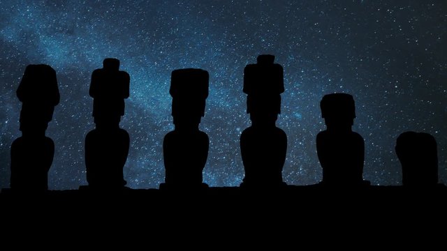 Moai, the Ancient and Mysterious Sculpture by Night with Stars and Milky Way, Easter island, Polynesia, Chile