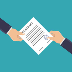 Hands holding contract letters flat design vector illustration