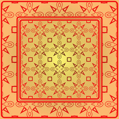 Decorative Ornament With Geometric Decoration. Symmetric Pattern . For Print Bandanna, Shawl, Tablecloth, Fabric Fashion, Scarf, Design. Sunrise color