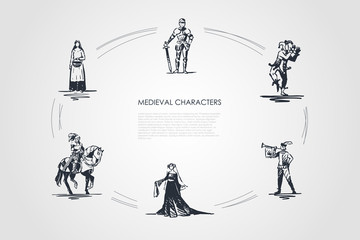 Medieval characters - knight, troubadour, buffon, peasant woman and countess vector concept set - obrazy, fototapety, plakaty