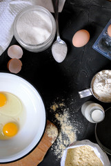 Baking products, eggs, flour, milk, sugar