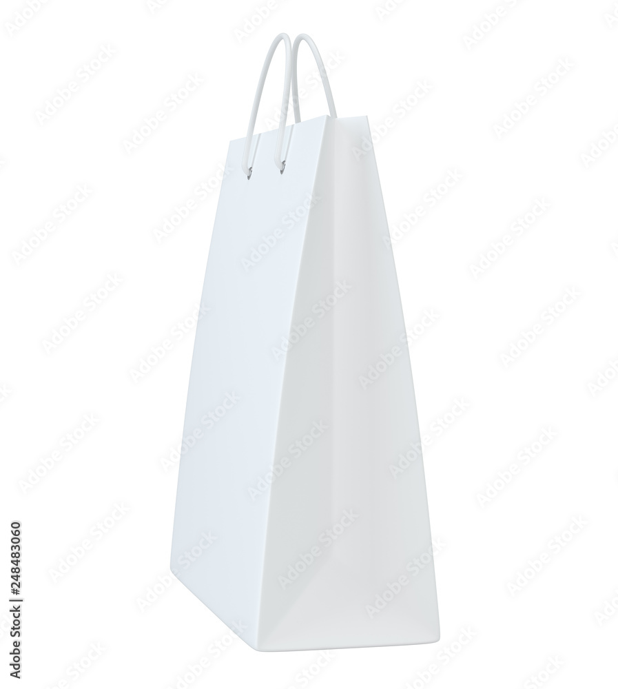 Poster close up of a white paper bag on white background with clipping path. isolated on white background. 