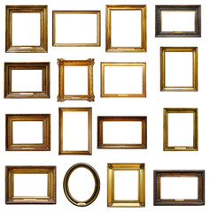 Set of three vintage golden baroque wooden frames on isolated background