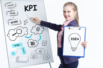 Business, technology, internet and networking concept. Young entrepreneur showing keyword: KPI