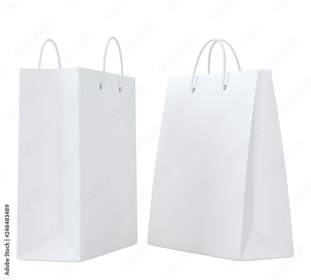 Poster close up of a white paper bag on white background with clipping path. isolated on white background. 