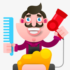 Cartoon Successful Hairdresser In An Apron With A Scissors In Hand. Young Stylish Hairdresser . Professional Fashion Stylist
