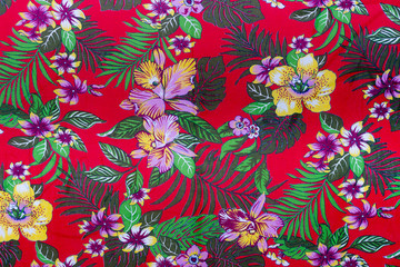Brazilian chita fabric with roses in a red background taken in Feira de Sao Cristovao, Rio de...