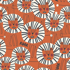 Cute seamless pattern with dangerous lion. Perfect for kids apparel, fabric, textile, nursery decoration, wrapping paper. Trendy scandinavian vector pattern.