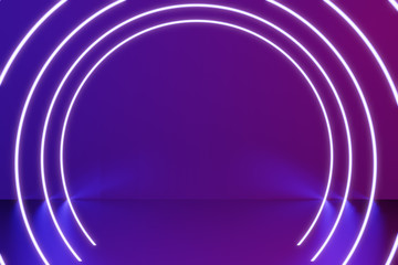 Glowing lines, neon lights, virtual reality, abstract background, circle portal, arch, pink green spectrum vibrant colors, laser show. 3d rendering