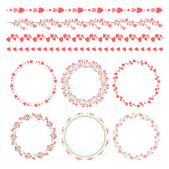 Vector set of hearts borders. A set of beautiful hearts, leaves and branches for Valentine's Day cards.