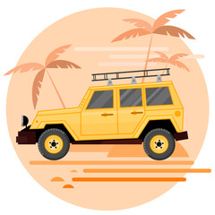 Flat design of off-road car in motion on a sahara trip. Off-road vehicle isolated on safari background. Vector Illustration flat style for web design banner or print.