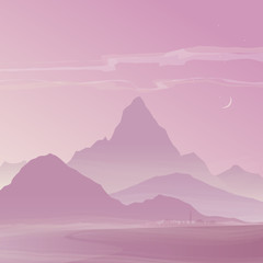 Evening  pink landscape with Mountain Peaks. Vector illustration of mountain ridges. Smoky Mountains. Road to the mountains. The town at the foot of the mountain. Pink soft mountains.