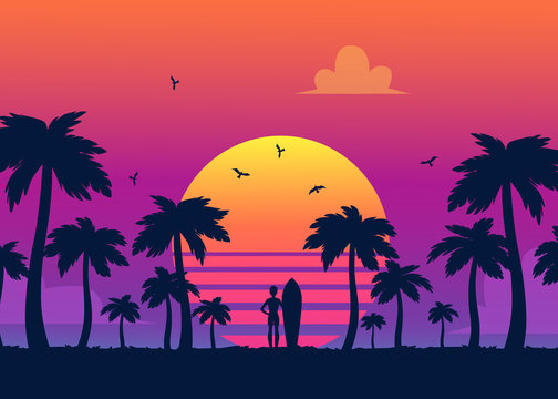 Silhouettes of tropical summer palm trees, surfer and the beach on the background of a gradient sunset.