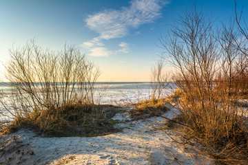 Sand dunes in the Hel Peninsula. Cold winter evening in Jastarnia. Poland.